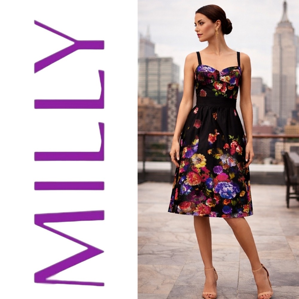 MILLY Floral Bustier Strap Dress Size 6 Black Multi Fit & Flare Made in USA NWT